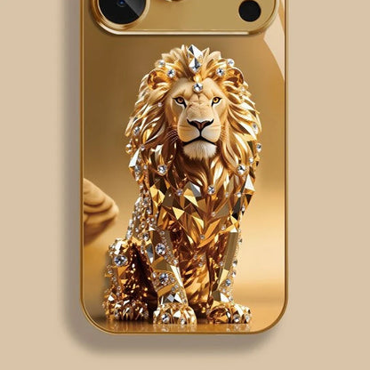 Crystal Gold Lion Pattern Gold Metallic Paint Glass Phone Case For iPhone 17 11 12 13 14 15 16 Pro Max 15 Plus 17Air 16E Cover