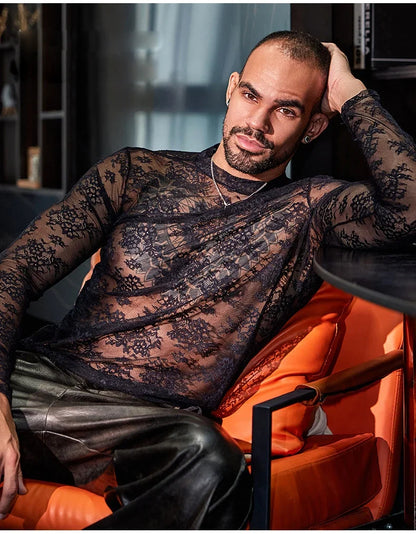 Lace Mesh Sheer See Through T-shirts for Men High Elastic Tight Thin Breathable Comfortable Tops Long Sleeves Fashion Blouse - Kimlud