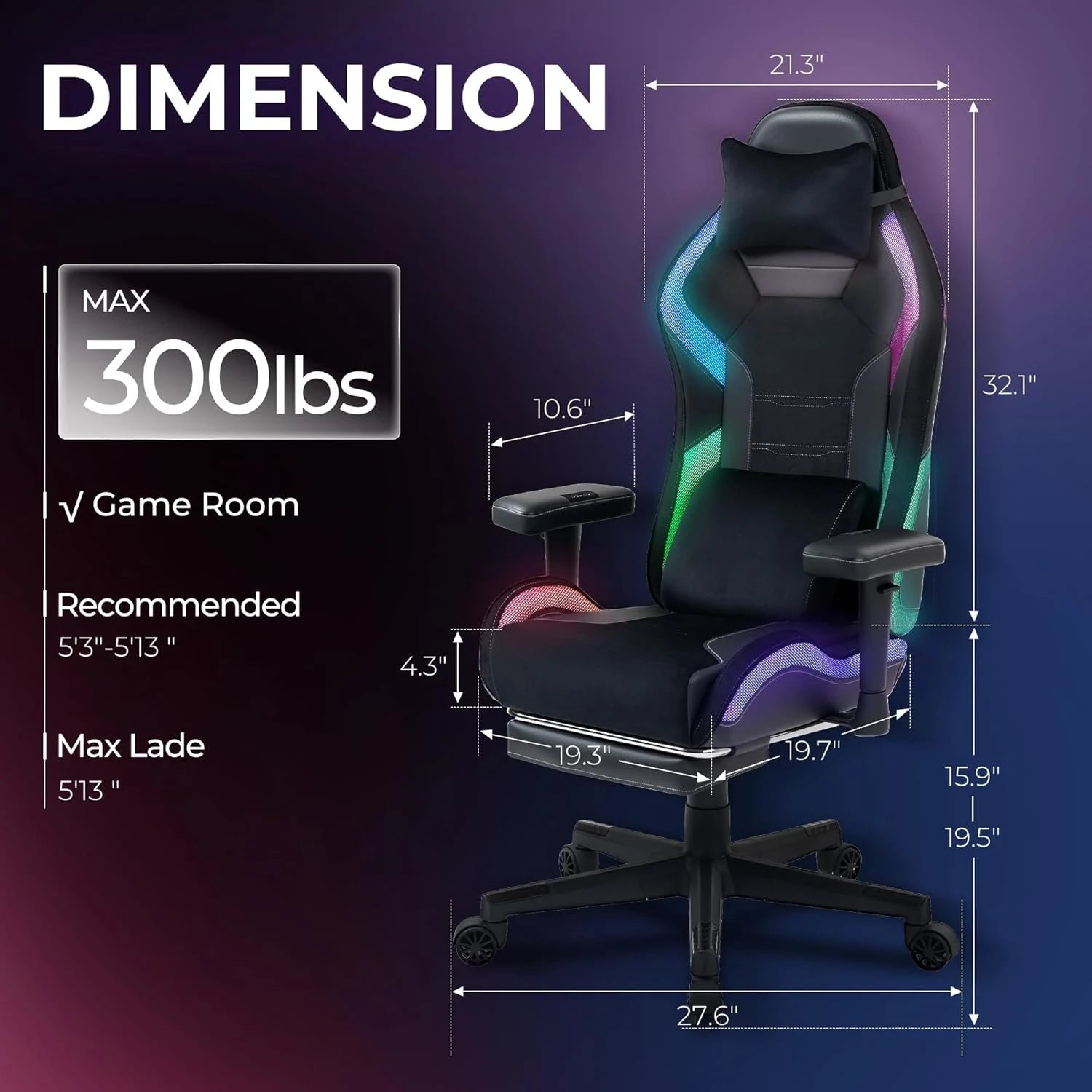 RGB LED Ergonomic Gaming Chair with Footrest Massage Lumbar Support for Adults Teens Black Customized