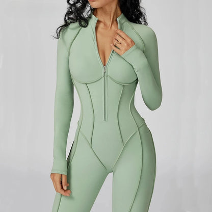 Sexy Rompers Workout Zipper Jumpsuit Long Sleeve Sports Bodysuits Women Gym Running Fitness Suits One-piece Tracksuit Sportswear - Kimlud