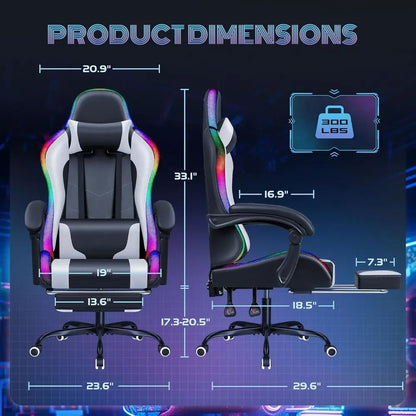 Illuminated RGB Gaming Chair with Footrest, Massage, Lumbar Support, and High-Back Recline (White LED)