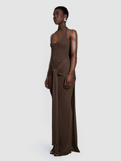 Sexy Backless Folds Long Dress with Ribbon Women Brown Halter Sleeveless Sparkly Draped Bodycon Celebrity Evening Party Gowns