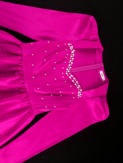 Rose Sweetheart Long Sleeve Lantern Ball Gown Dress with Beading Elegant Pleated Mini Evening Party Wedding Guest Dresses