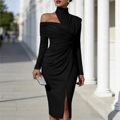 Sexy Off-shoulder Half-high Collar Long-sleeved Women's Hip-covering Banquet Dress Fashion Pleated Slimel Egant Female SlitDress - Kimlud