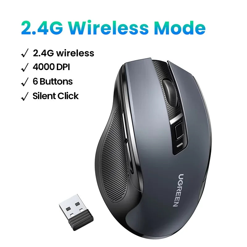 UGREEN Wireless Mouse Bluetooth5.0 Mouse Ergonomic 4000DPI 6 Mute Buttons Mouse For MacBook Tablet Laptops Computer PC 2.4G Mice - Kimlud