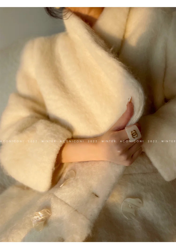 Lautaro Winter Long Vintage White Thick Warm Fluffy Wool Blends Coat Women Double Breasted Elegant Luxury Designer...