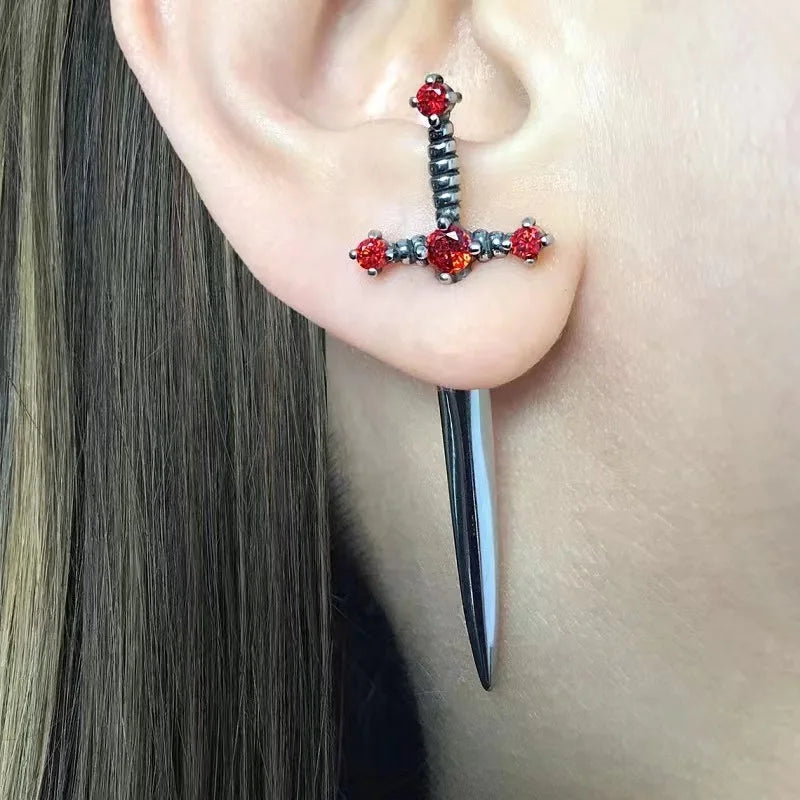 Kiss Jewelry Punk Sword Gothic Kinitial Piercing Earrings for Woman Men Gothic Crystal Ear Jacket Stud Earrings Jewelry - Kimlud