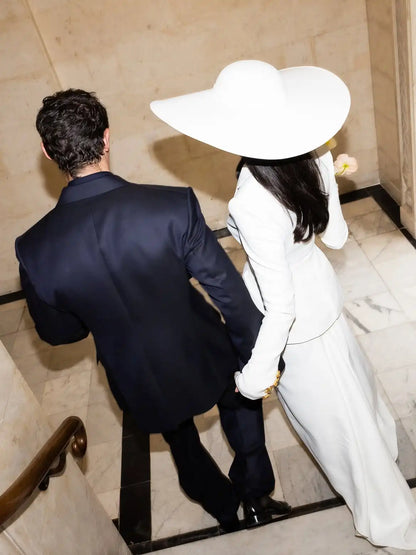 Women White Wedding Suit 2 Piece Set Slim Fit Blazer Long Midi Skirt Vintage Wide Brim Hat Outfit Formal Evening Customized