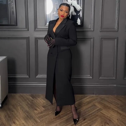 Elegant Black Long Dress with Notched Double Breasted Design Slim Fit Suitable for Formal Occasions Evening Outings Outerwear