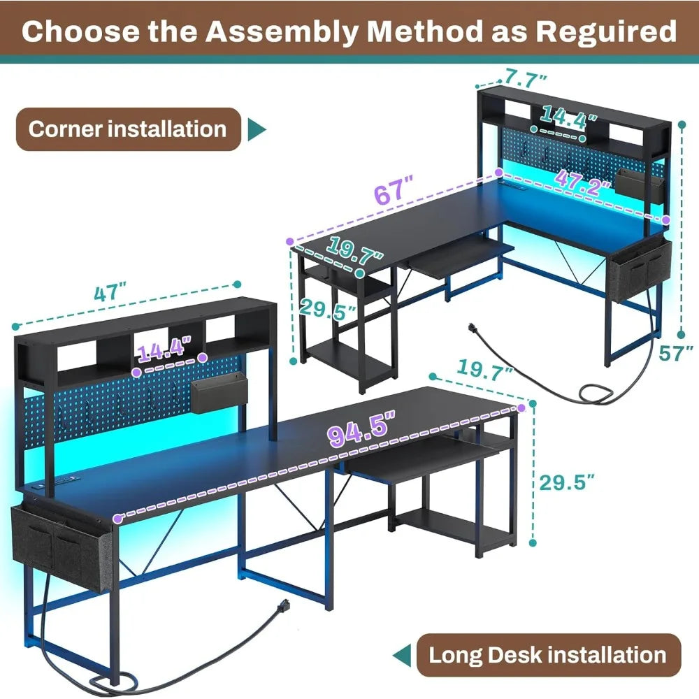 L Shaped Gaming Desk, Reversible Computer Desk with Power Outlet and Pegboard, Gaming Desk with Led Lights, | Kimlud...