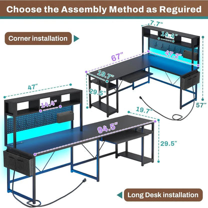 L Shaped Gaming Desk, Reversible Computer Desk with Power Outlet and Pegboard, Gaming Desk with Led Lights, | Kimlud...