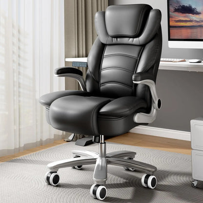 Office Chair 400lb Wide Seat, Ergonomic High Back Leather Executive Desk Chair with Flip-up Arms, Gray/Blue | Kimlud...