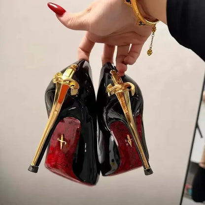2026 Early New High Heels Women's Fine Heels Pointed Metal Swords Sexy Queen Black Lacquer Leather Single Shoes | Kimlud...