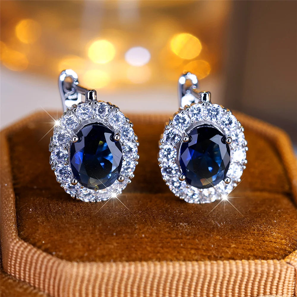 Cute Small Blue Green Zircon Stone Hoop Earrings For Women Charm Female Silver Color Wedding Jewelry Gift