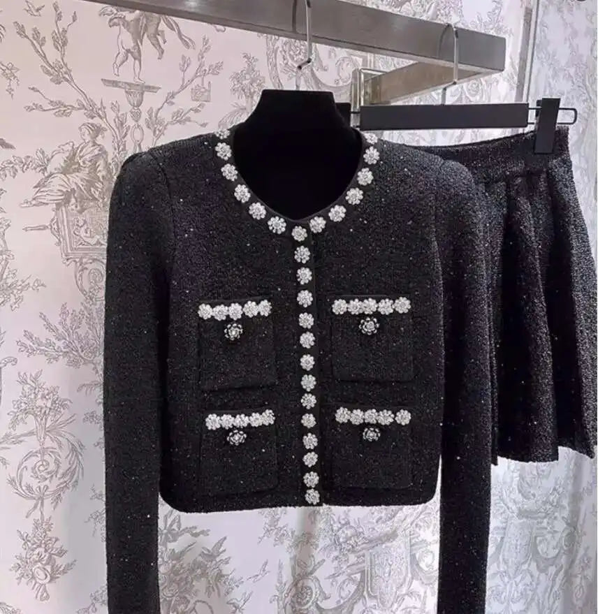 Autumn Winter Knitted Two Piece Women Set Diamonds Beading Jackets Caridgants Short Skirts Suits 2pcs Outfits