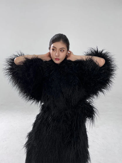 Lautaro Winter Long Black Hairy Shaggy Thick Warm Soft Fluffy Faux Fur Coat Women Sashes Luxury Designer Overcoat Runway Fashion