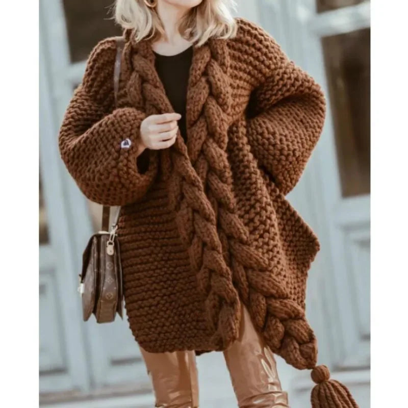 Hand-woven Split Wild Tassels Hook Twist Sweater Coat Crocheted Cardigan Autumn and Winter Thick Long Lantern Sleeve...