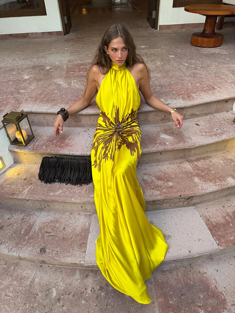 2026 Summer Sexy Print Long Women Dress Fashion Backless Sleeveless Halter Pleated Female Dresses Beach Vacation Lady...