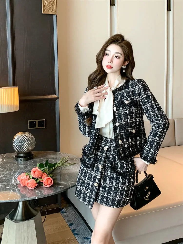 2025 Autumn Winter New Chic Two-Piece Skirt Women's Fashion Loose Burrs Elegant Sweet Tweed Jacket+Skirt Female Two-Piece Suit