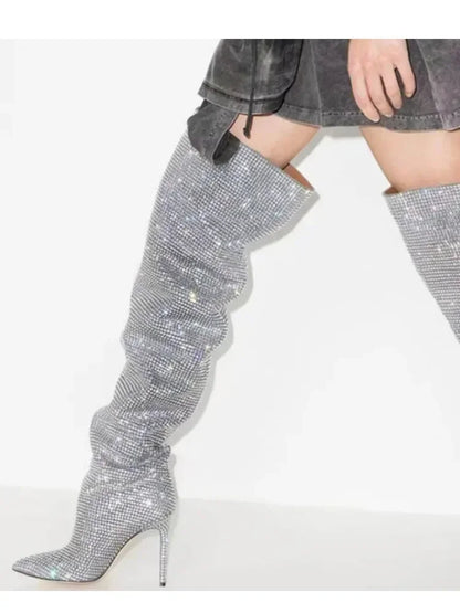 2025Women's New European and American Fashion Show Starry Sky High-heeled Rhinestone Pointed Nightclub Four Seasons Boots