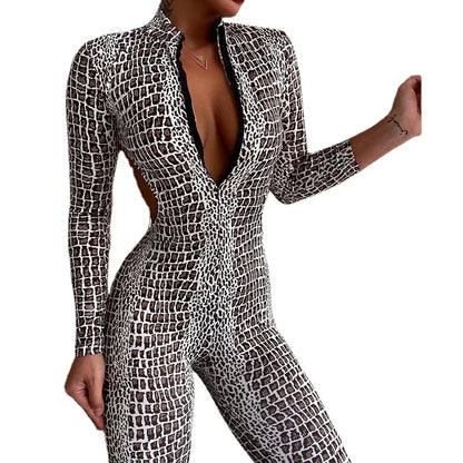 Oshoplive 2026 New Women Fashion Sexy Snakeskin Printed Backless Zipper Jumpsuits Long Sleeves Gym Activewear Bodysuits
