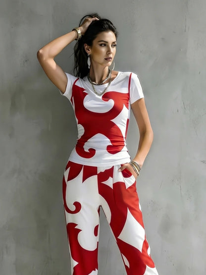 Missuoo Women's Y2K Red White Abstract Swirl Print Fitted Short Sleeve T-shirt Sexy Streetwear Shirts for Clubwear &...
