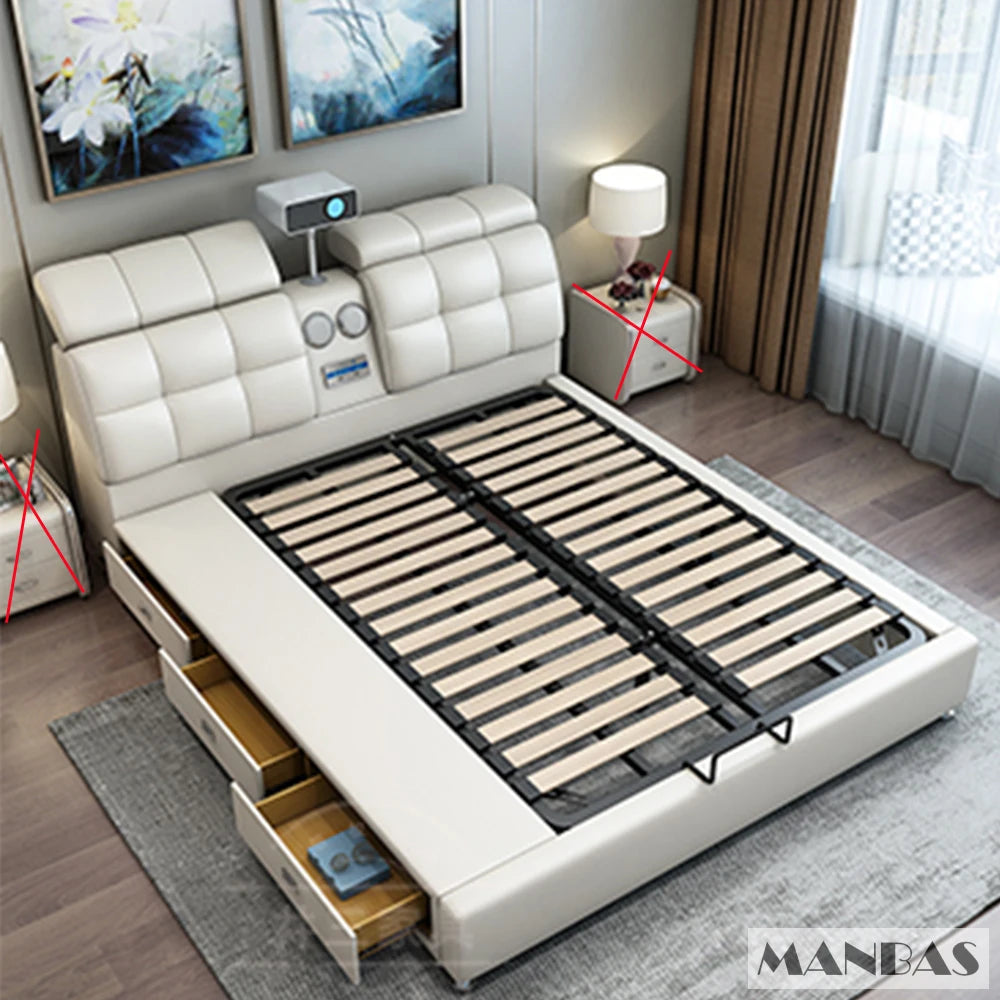 Linlamlim Ultimate Tech Smart Bed - Multifunctional Bedframe with Genuine Leather and Bluetooth Speaker, Drawers,...