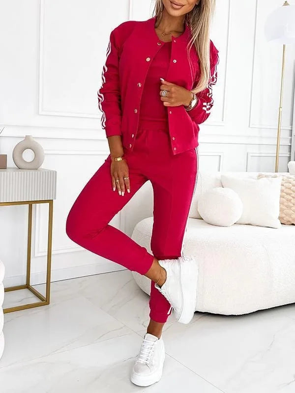 Autumn Three-Piece Set Women's Suit Striped Tape Patch Buttoned Jacket + Tank Top + Pants Sets Lady Sportswear Casual...