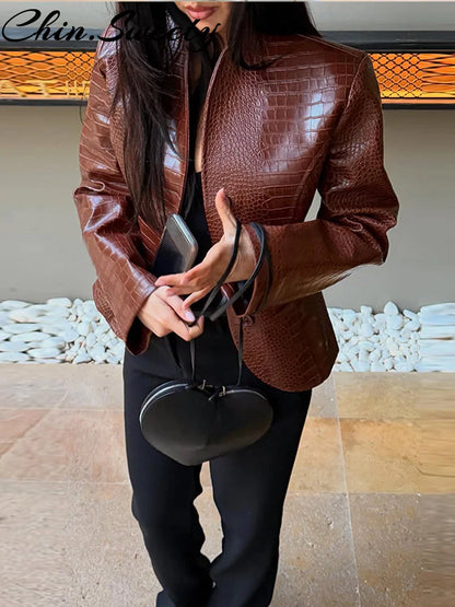 Street Print Pu Leather Women Jacket Fashion Long Sleeve O-neck Single Breasted Female Outwear 2026 Autumn Lady...