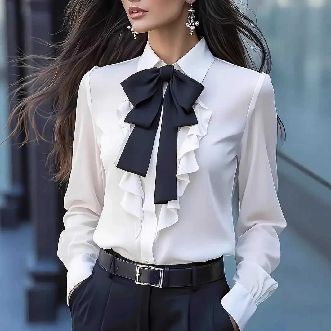 New Autumn Solid Color Lace-up Bow Ruffle Design Shirt For Women Vintage Long Sleeve Blouse White Shirt Autumn Female...