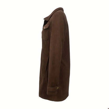 Classic Retro Suede Long Trench Jacket for Women's Pocket Single Breasted Turn Down Collar Windbreaker Autumn Winter Outerwears