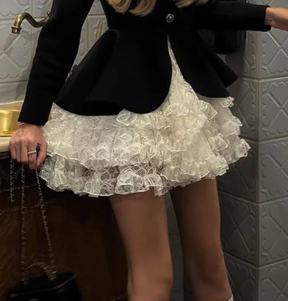 Sexy Blazer Skirt Women Set Lace Up Button Black Jacket Cascading Ruffle Pleated Skirts 2026 Spring Summer Urban Lady Outfit New - Kimlud