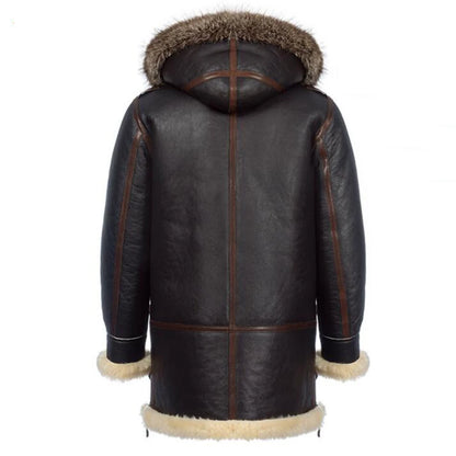Denny&Dora Men's Shearling Jacket Hood Thick Warm Winter Sheepskin Coat Dark Brown Leather Jacket