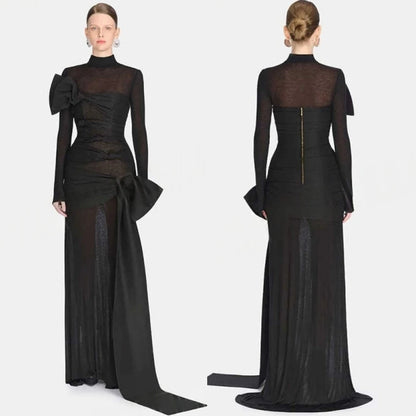 Customized Simple Chiffon Bow Evening Dress Exquisite High Collar Prom Dresses Temperament Long Sleeves Special Occasion Gowns