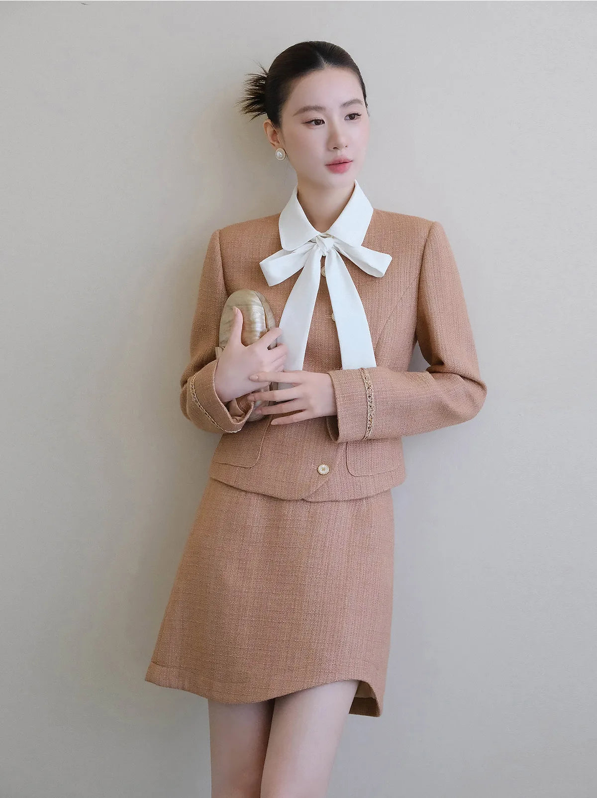 XXNING Luxury Faion Set Women's Autumn Winter ort Coat Skirt Two-Piece Suit Ele Lady Sle  Knot Design