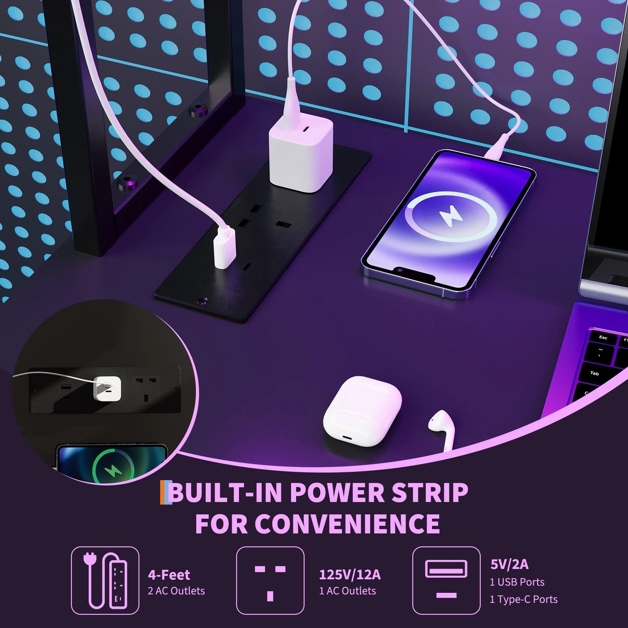 L Shaped Gaming Desk with Power Outlets & LED Lights, Corner Desk with Monitor Stand for Home Office, Space-Saving |...