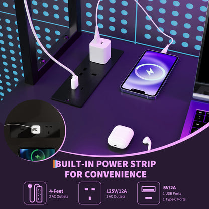 L Shaped Gaming Desk with Power Outlets & LED Lights, Corner Desk with Monitor Stand for Home Office, Space-Saving |...
