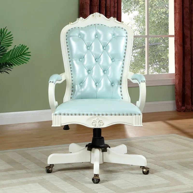 12American Genuine Leather Retro Carved Solid Wood Swivel Chair Office Chair Lift | Kimlud Vintage Luxury Home