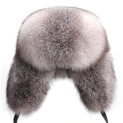 2025 Winter 100% Real Silver Fox Fur Bomber Hat Raccoon Fur Ushanka Cap Trapper Russian Men's Ski Hats Caps
