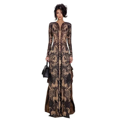 Spring New Women's Long Sve High Collar Plant Print Maxi Top Faionable Individuatic f High Ne Long Open Split Top
