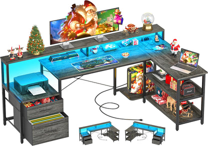 Aheaplus Reversible L Shaped Desk / Home Office Desk / Gaming Desk with File Drawer & Power Outlet & LED Strip - Kimlud