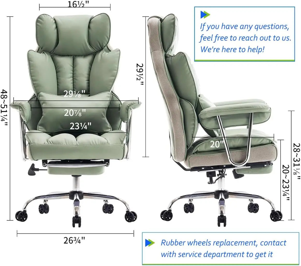 Heavy-Duty Executive Office Chair with Footrest, 400lbs Capacity, Reclining Backrest, Light Green Leather | Kimlud...