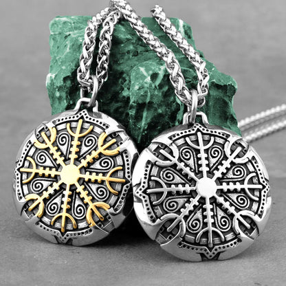 Viking Awe Helm Rune Necklace Stainless Steel Men Vegvisir Amulet Pendant Necklace Scandinavian Vintage Charm Jewelry Wholesale