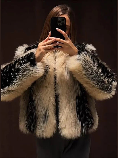 Stylish Contrast Faux Fur Women Coat Elegant O-neck Single Breasted Full Sleeve Female Coats 2025 Winter Chic Lady Jacket