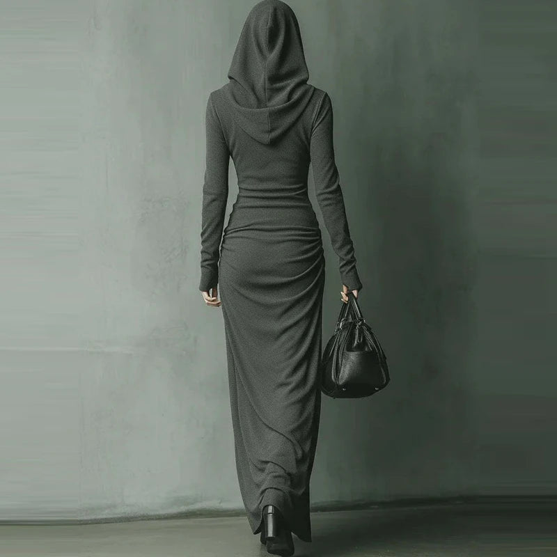 Casual Long Sleeve Solid Color Sport Dress Elegant Hight Waist Pleat Side Long Dresses Women's Fashion Long Sleeve...