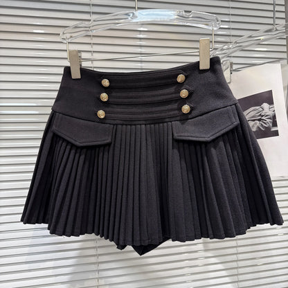 DEAT Trendy 2026 Autumn New Elegant Double Breasted Faux Woolen High-Waisted Pleated Skirt For Women A-line Skirts 11C320