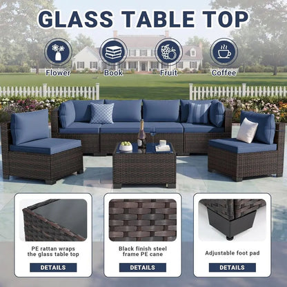 7-Piece Outdoor Patio Furniture Set, Rattan Wicker Sectional with Manual Weaving and Tea Table | Kimlud Outdoor Luxury Table