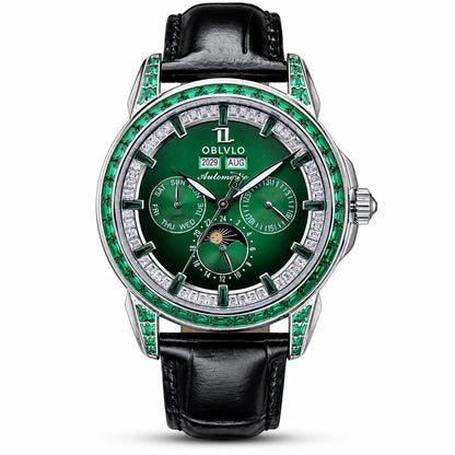 OBLVLO Men's Classic Watch with Colorful Diamonds Bezel Red Dial Mechanical Automatic Moonphase Multifunction Leather Strap GCM-MUT