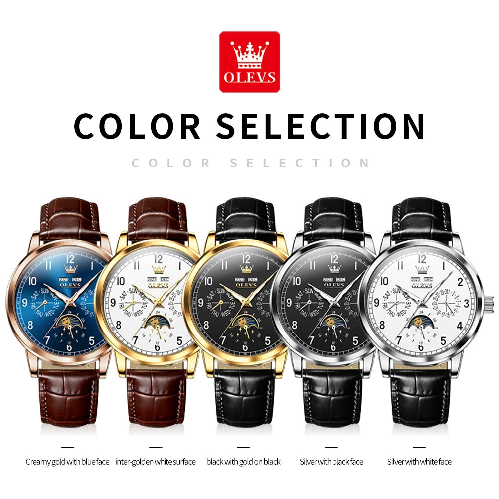 OLEVS 6698 Mens Watch Luxury Dress Brand Moon Phase Automatic Mechanical Watch For Men Leather Waterproof Dual Calendar...