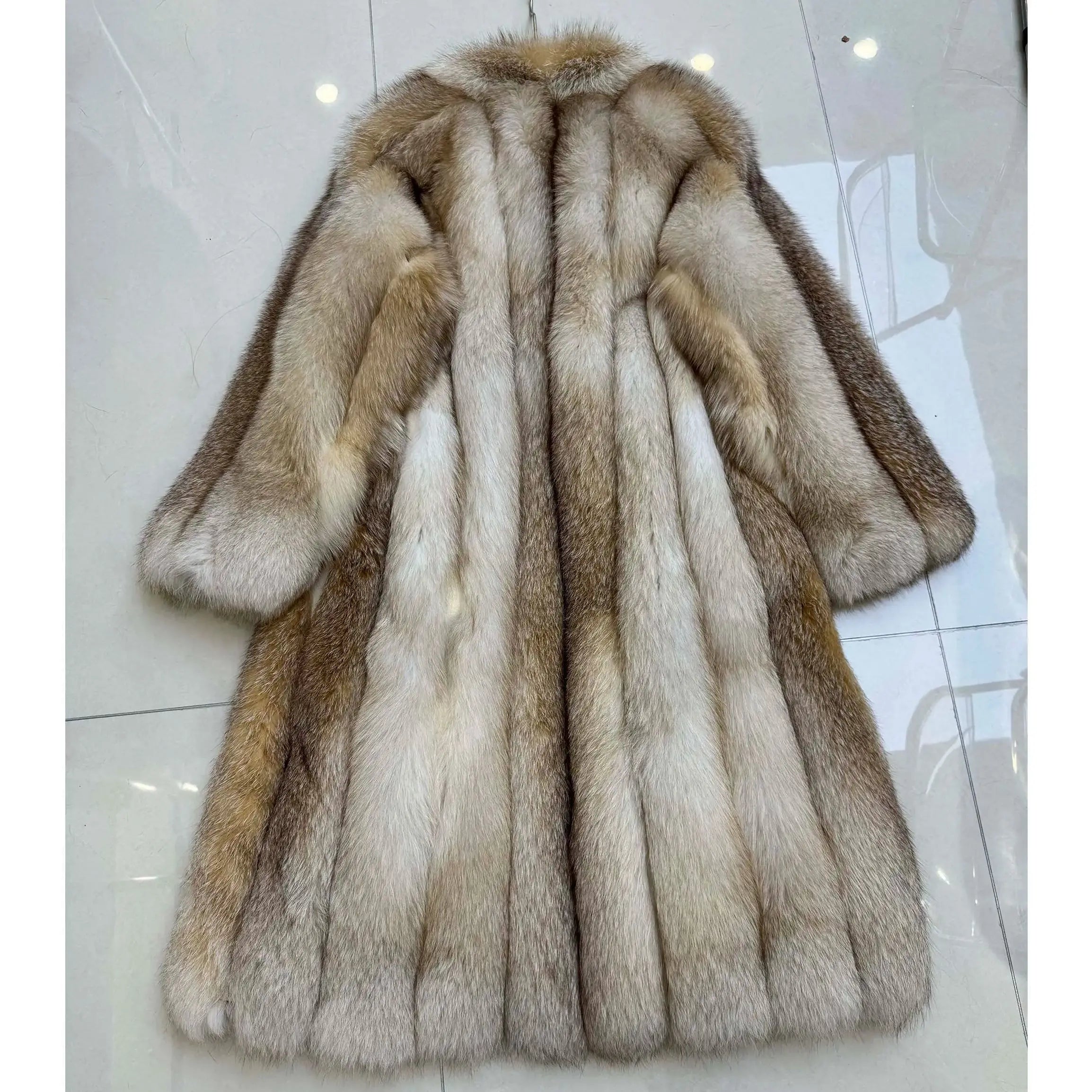 2025 Winter Warm Long Coat Luxury True Fox Leather Coat Women's Fluffy Striped Extra Long Fox Fur Coat